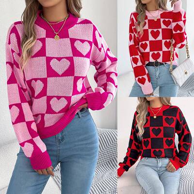 Love Heart Sweater Color Block Sweet Crew Neck Sweaters for