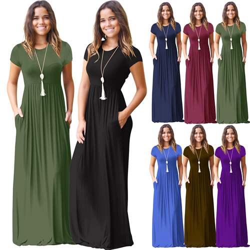womens formal dresses Short Sleeve Loose Plain Long Casual