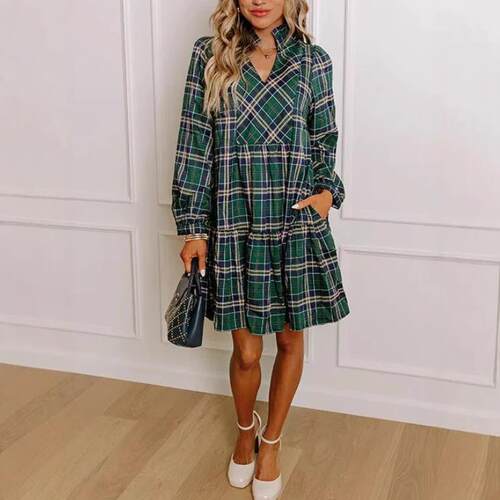 Women's Plaid Mini Dress with Pockets Elegant Long Sve
