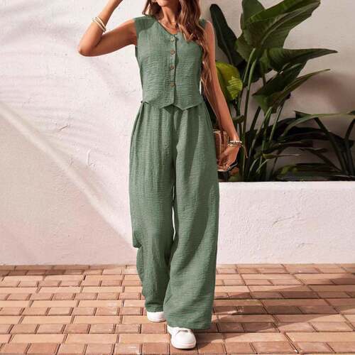 Women's Solid Color Button Front Vest & Pocket Pants