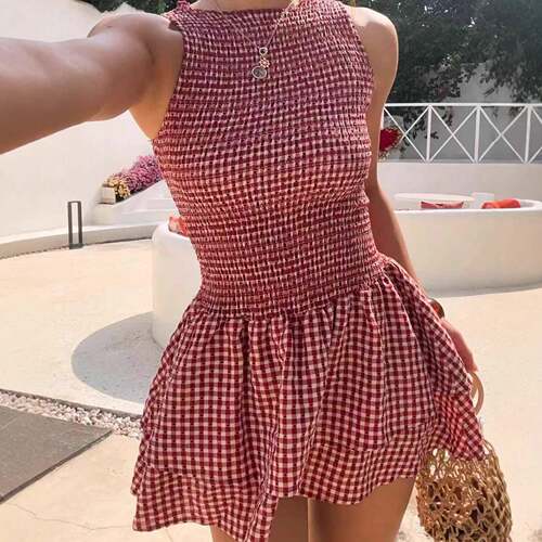 Plaid Sleeveless Bodycon Mini Dress with Belt  Sweet French