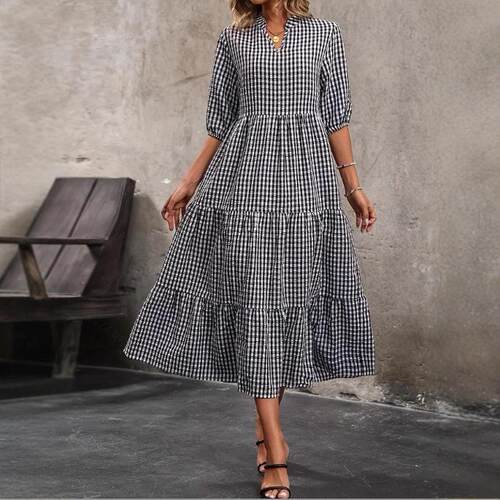 Women's Gingham Print Notched Neck Dress  Casual Half Leeve