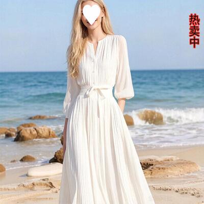 Solid Color Notched Neck 3/4 Sleeve Lantern Dress Casual