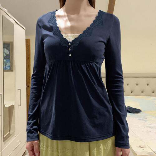 Women's Lace Patchwork Button V Neck Long Sleeve A-Line