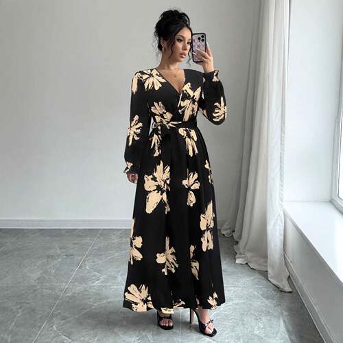Chiquease Women's Neck Lantern Sleeve Floral Cinched Waist