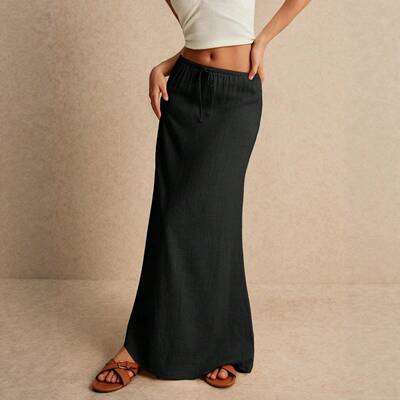 A women's white drawstring high-waist long Maxi skirt