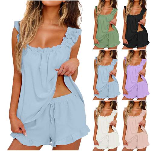 Women's Summer Lounge Set Ruffle Shoulder Strap Tank Tops