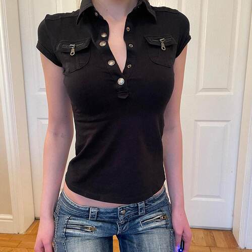 Women's Plain Flap Pocket Button Tee Casual T-shirt for