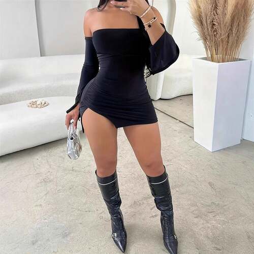 Women's Solid Off Shoulder Split Hem Bodycon Fit Dress
