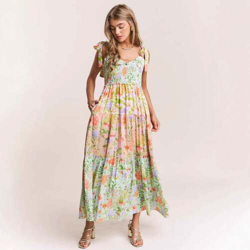 Women Floral Tie Shoulder Dress V Neck Sleeveless Open Back