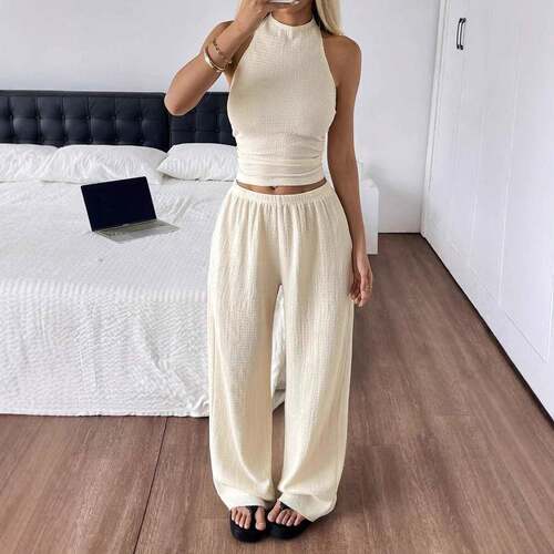 Two-piece Set Women's Basic Solid Crop Top & Wide Leg Pants
