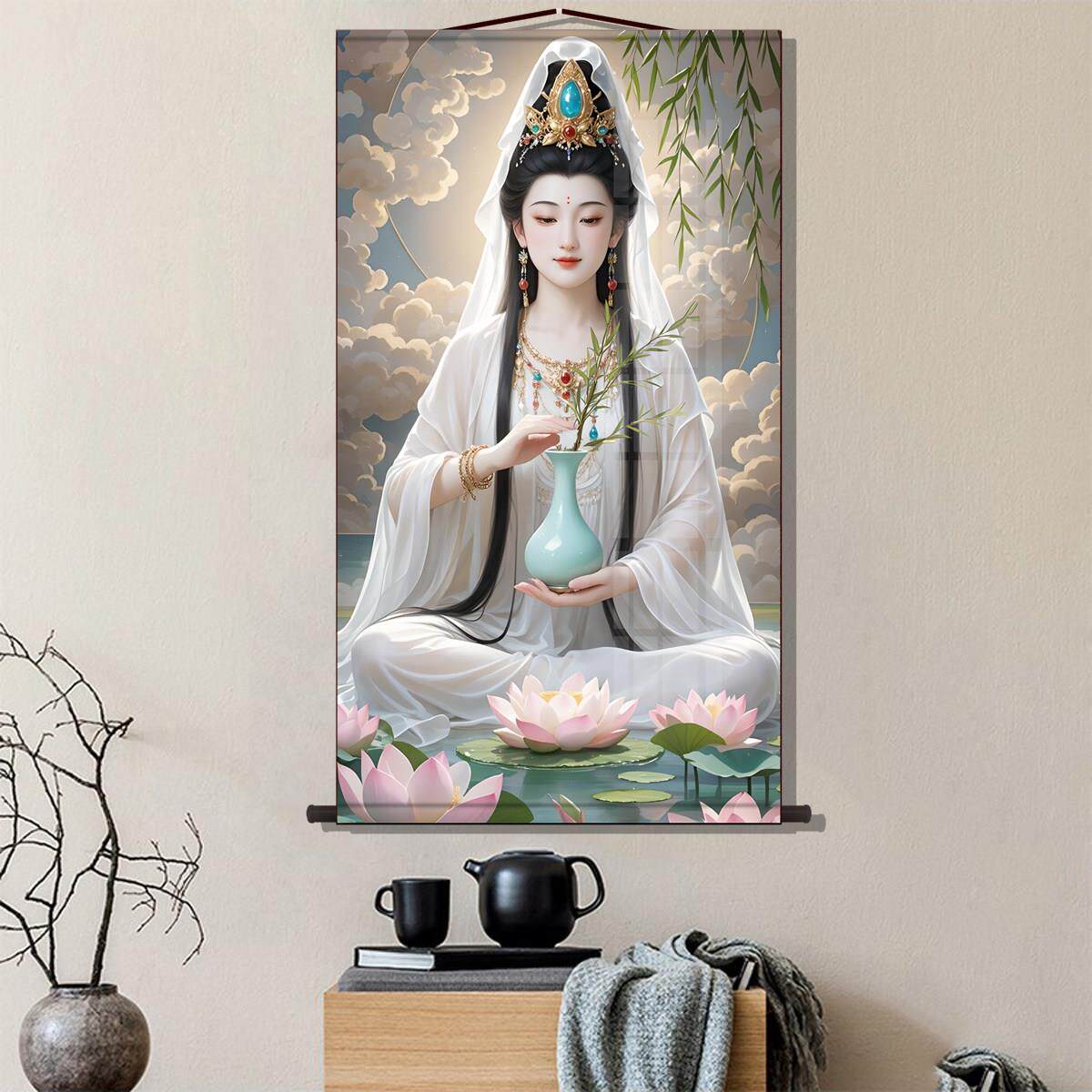 观白衣音画像画保QNT-514 平安佛堂供奉挂画观世菩萨佛像挂丝绸画