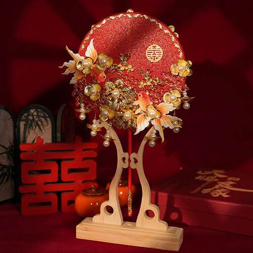 新娘面结婚秀团扇新中式古风双面手工色成品禾遮红刺绣TOW花朵团