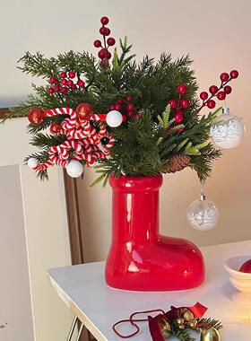 11.0z圣诞节氛围饰布置高感仿真花束陶瓷级花瓶花家居客厅桌面装