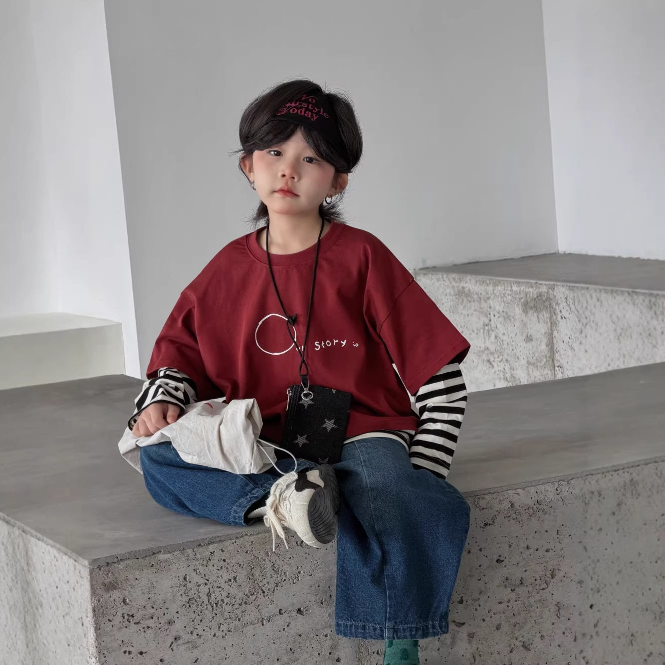 2026韩版新款男女童圆领相拼印花假两件卫衣春装长袖宽松百搭T恤