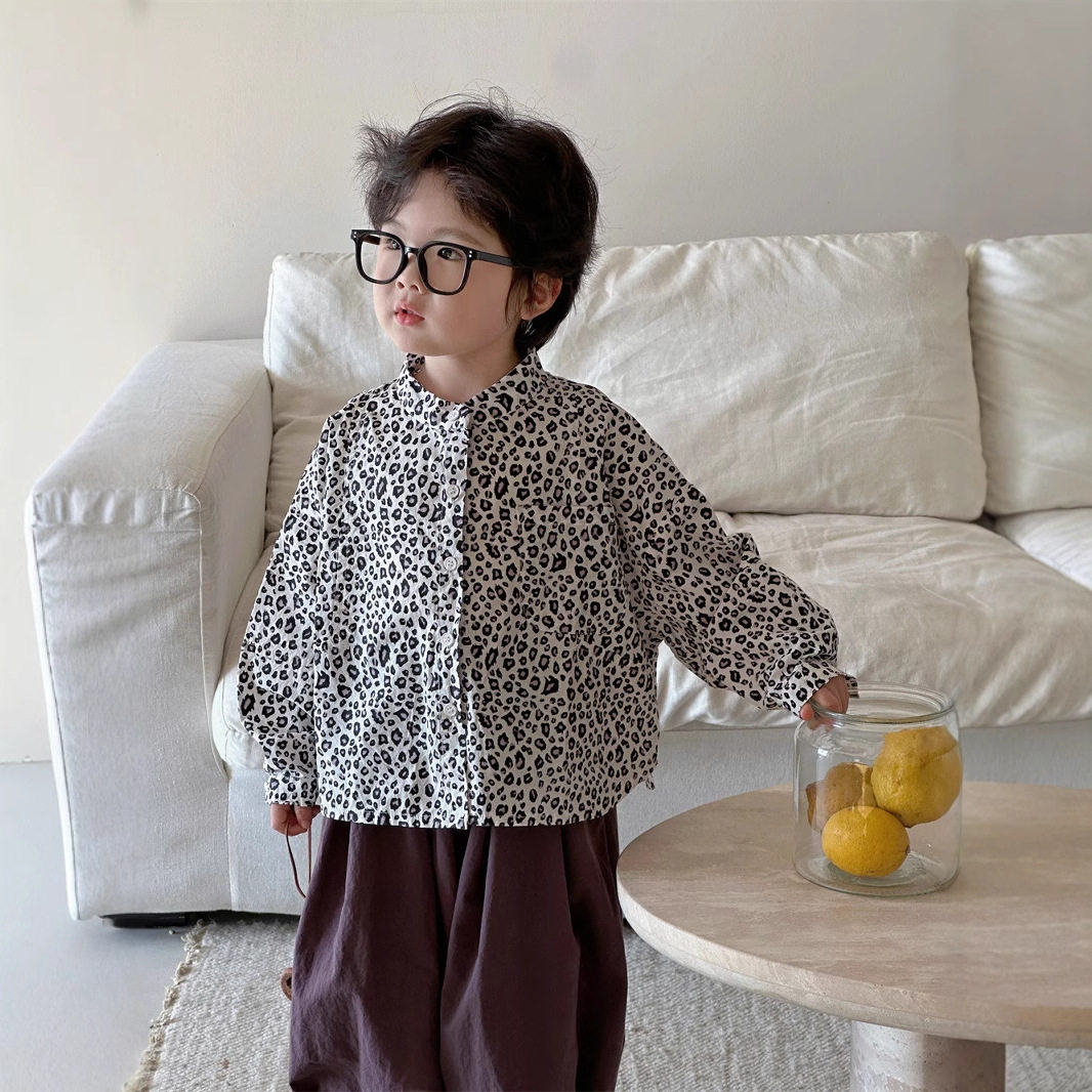 蒙田小豹纹满印长袖衬衫儿童春夏2025春季新款男童宽松衬衣外套潮