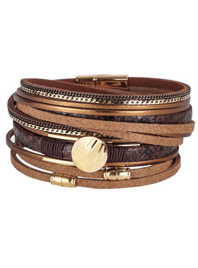 复古多层蛇纹皮革手链女士欧美风磁扣皮绳手环时尚百搭配饰现货