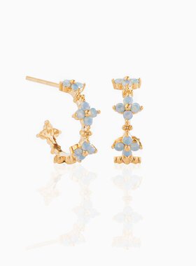 ins风蓝色锆石耳钉铜镀18K真金镶镐钻花朵耳圈韩版首饰耳环