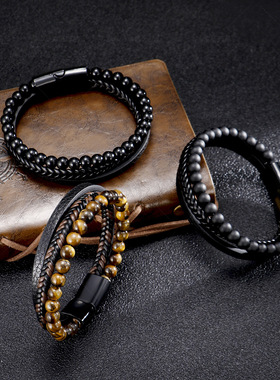 亚马逊不锈钢天然虎眼石手链串珠男士手工编织玛瑙手串外贸饰品