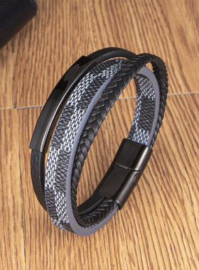 新款时尚男士多层手链PU皮不锈钢配件手环波西米亚风合金磁扣手饰