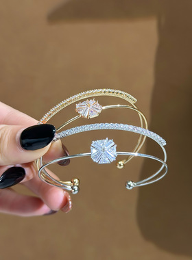 韩系双层开口方形锆石手镯轻奢高级感手环简约时尚小众个性手饰品