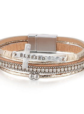 波西米亚风十字架多层手链新款异域民族风排钻手环高级感皮革手镯