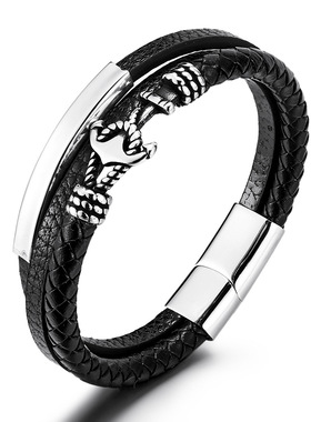 欧美时尚不锈钢船锚皮手链男士多层牛皮编织外贸钛钢手镯饰品