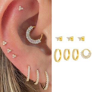 S925银针耳环人体穿刺软骨圆形鼻环轻奢多钻锆石耳环耳扣套装
