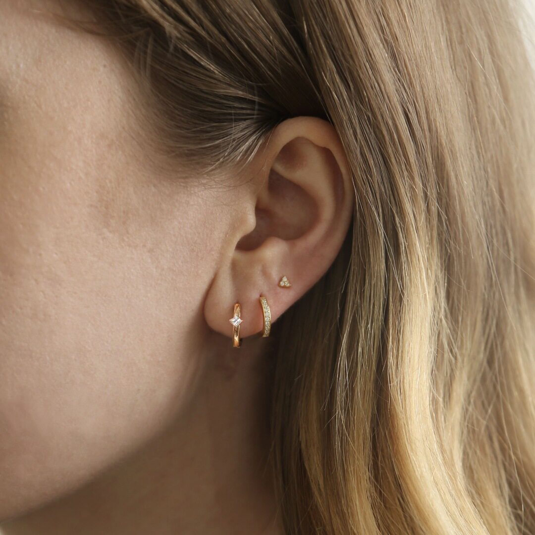 真金黄铜电镀耳环欧美热销个性小众耳扣锆石对装叶子耳钉套装