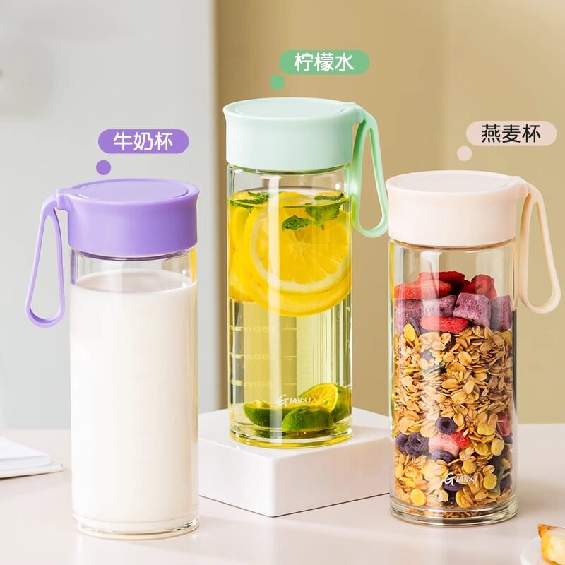 带提手刻度牛奶杯微波炉可加热豆浆杯家用便携外带玻璃水杯燕麦杯