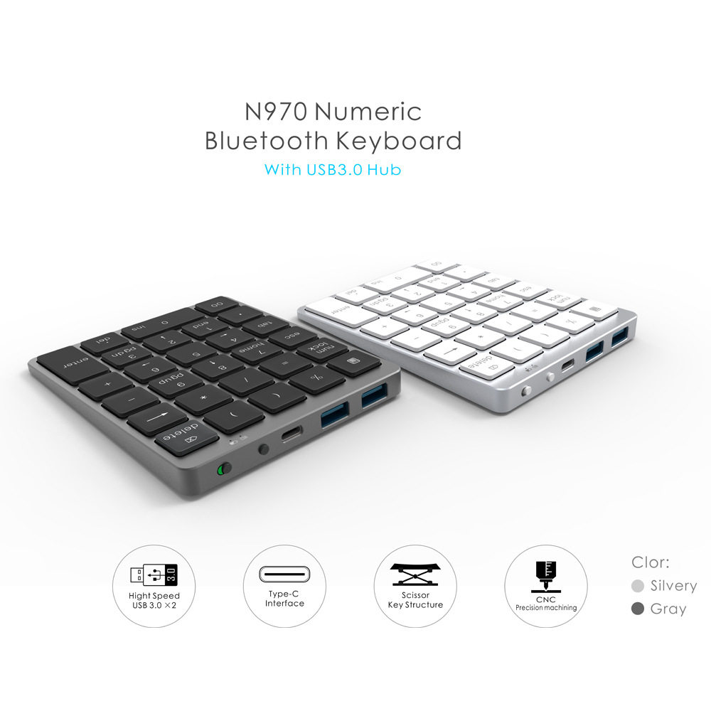 厂家新款N960铝合金无线蓝牙数字小键盘HUB充电纤薄蓝牙无线键盘