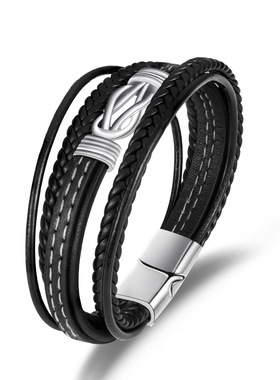 亚马逊新款8字无线符号皮绳手链男士欧美个性复古多层编织皮手镯