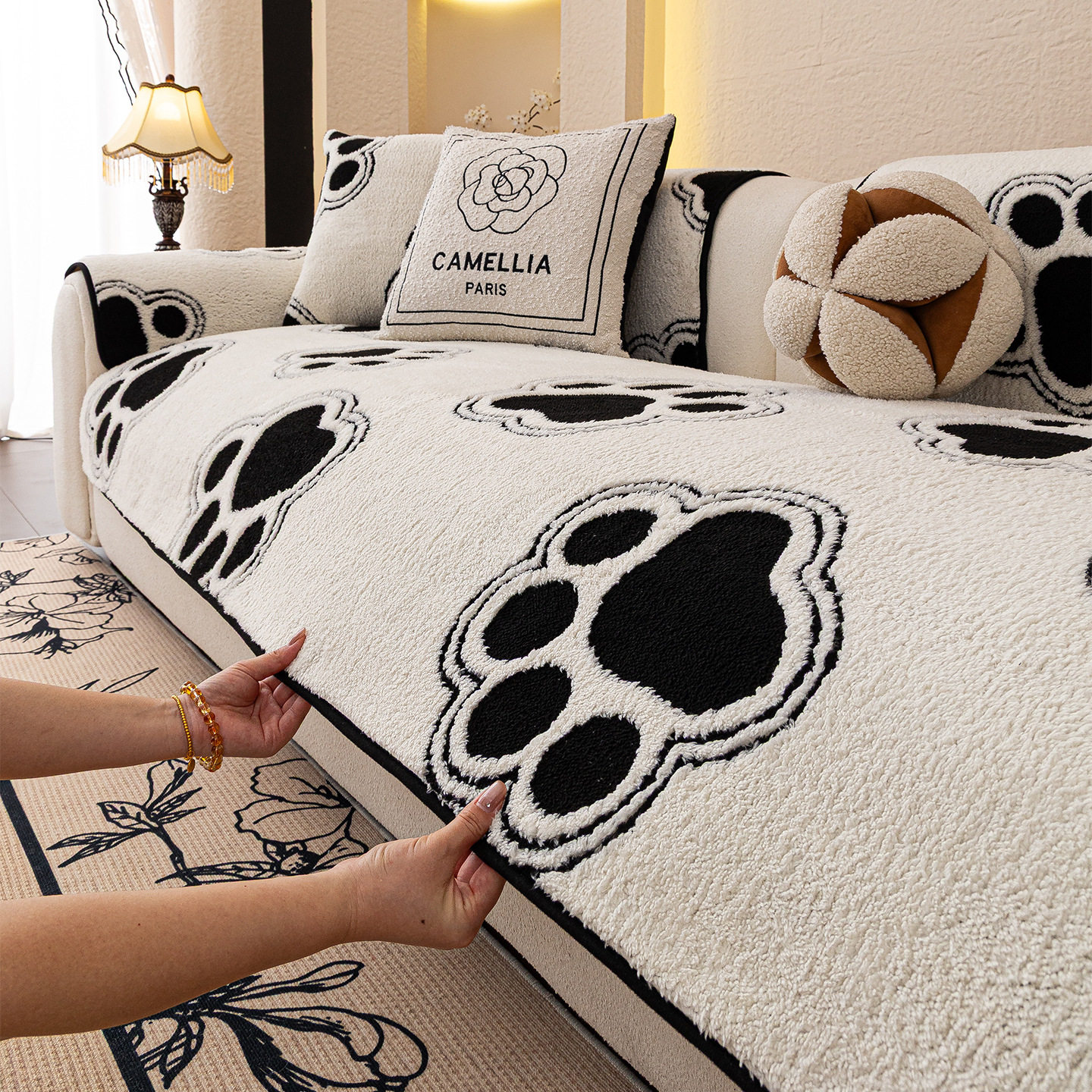 卡通风加厚舒棉绒沙发垫2026年新款一片式防滑直排皮沙发套罩