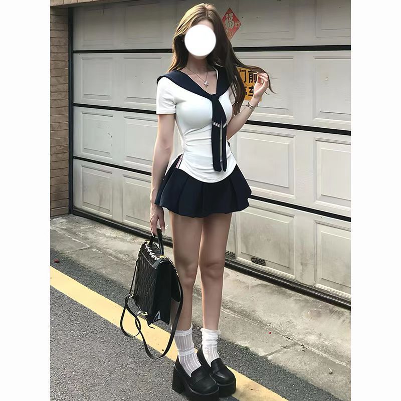 航海少女海军领水手服修身T恤两件套设计上衣夏装学院风短裙套装