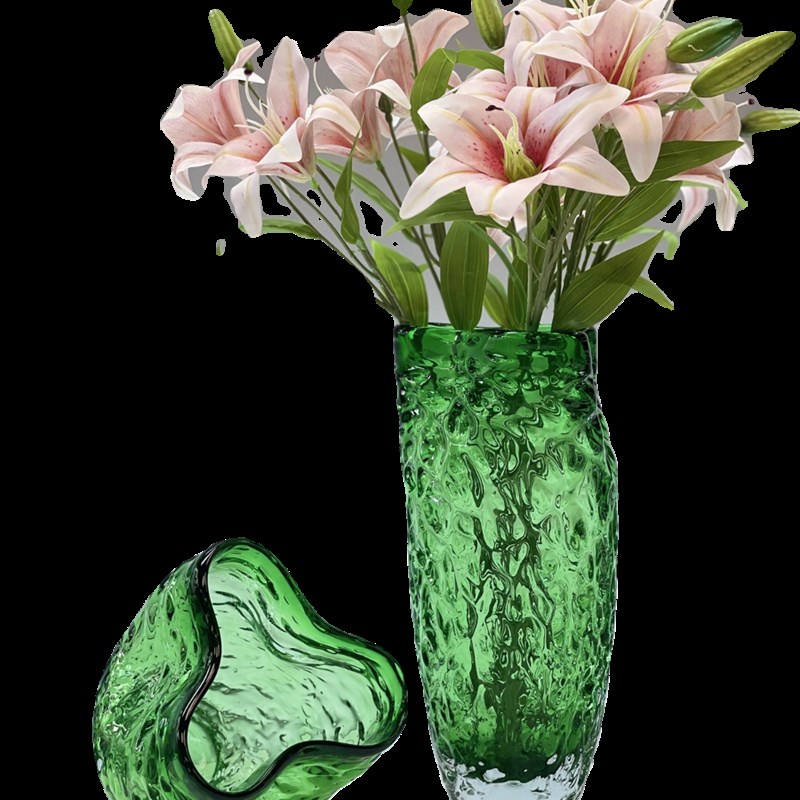 高品质纯净厚重绿色冰川纹异形琉璃花瓶玻璃水培鲜花绿植玫瑰摆件