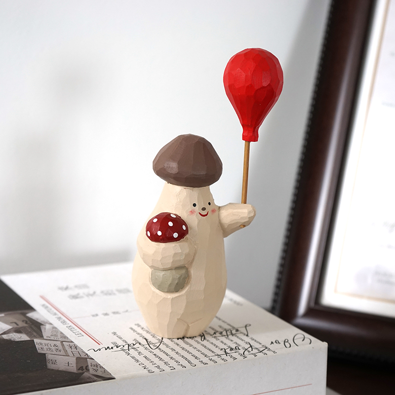 手工木雕白熊杏鲍菇公仔举气球卡通爱治愈系桌面装饰品小