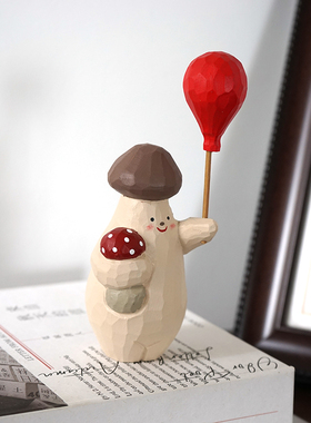 手工木雕白熊杏鲍菇公仔举气球卡通爱治愈系桌面装饰品小