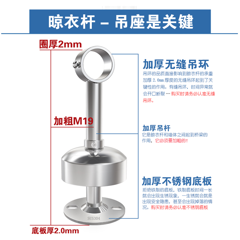 2管加粗不锈钢固定式晾衣杆阳台顶装衣架单 杆凉衣杆式0晾衣架