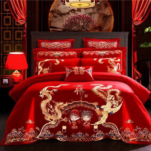 大红婚庆纯棉四件套全棉刺绣床单被套四件套床上用品厂家直供
