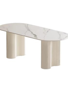 奶餐油风双圆头花端椭圆形厅桌子家用简约子吃饭桌纯白色岩板餐桌