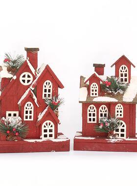圣诞新品木质红色发光小产木屋雪屋饰房子节日装用品场布景置摆件