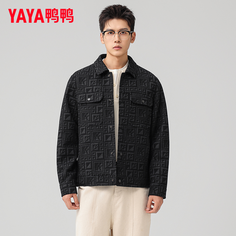 YAYA鸭鸭轻薄羽绒服男2025秋冬新短款印花时尚衬衫领90鸭绒厚外套