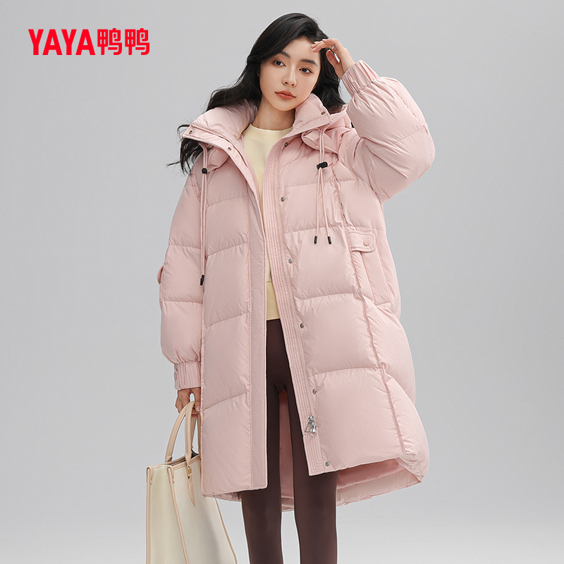 鸭鸭2023年新品90绒女中长款加厚连帽羽绒服时尚保暖外套Y