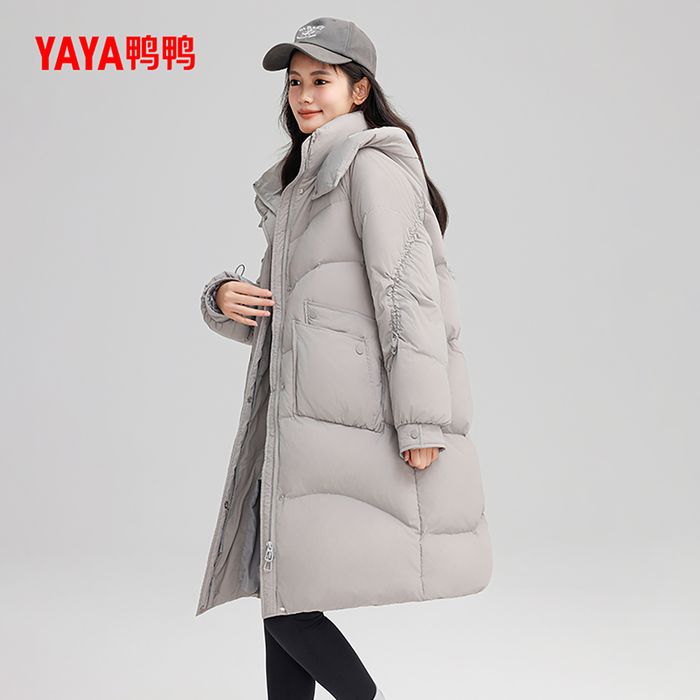 鸭鸭时尚休闲长款连帽羽绒服女