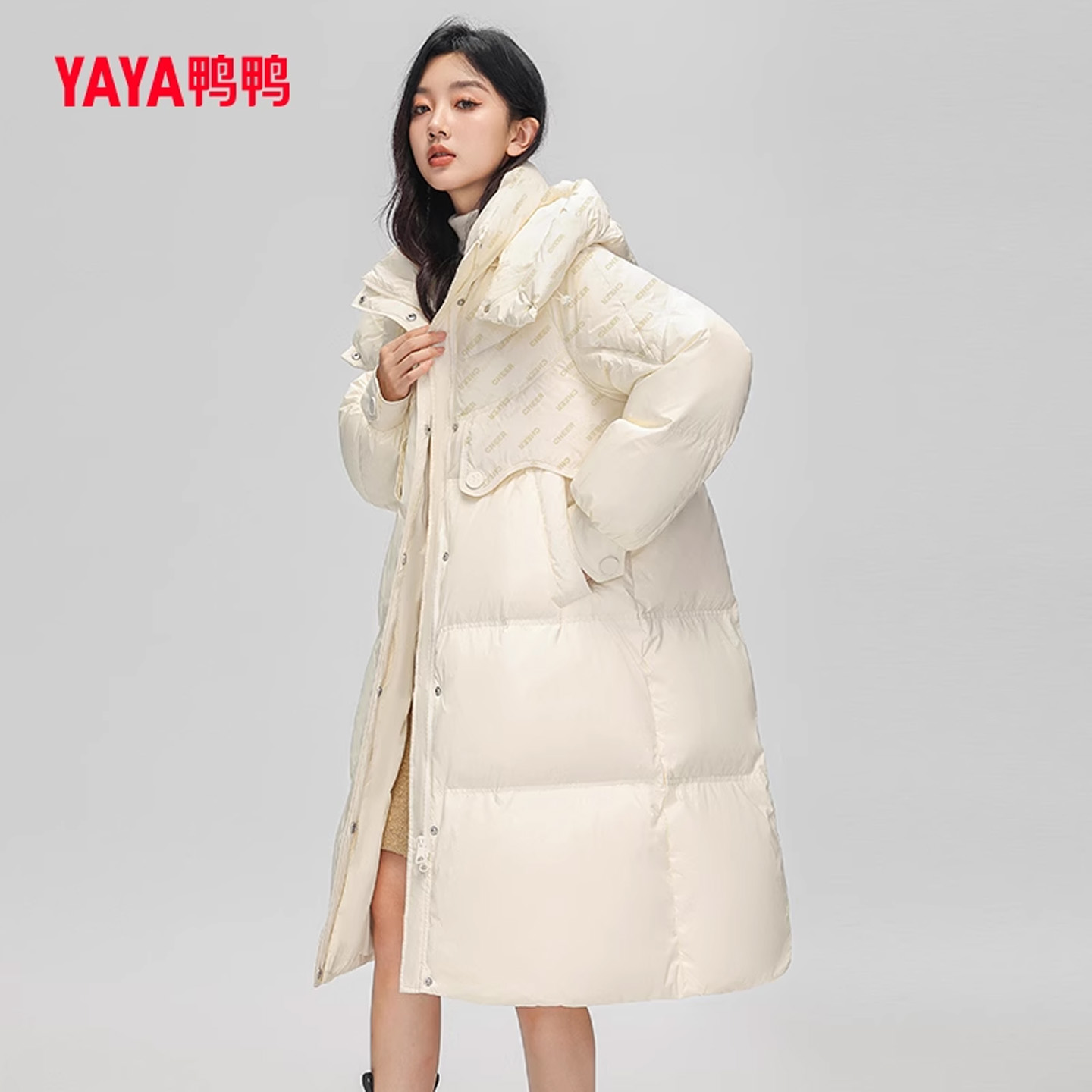 鸭鸭韩版长款连帽羽绒服女外套