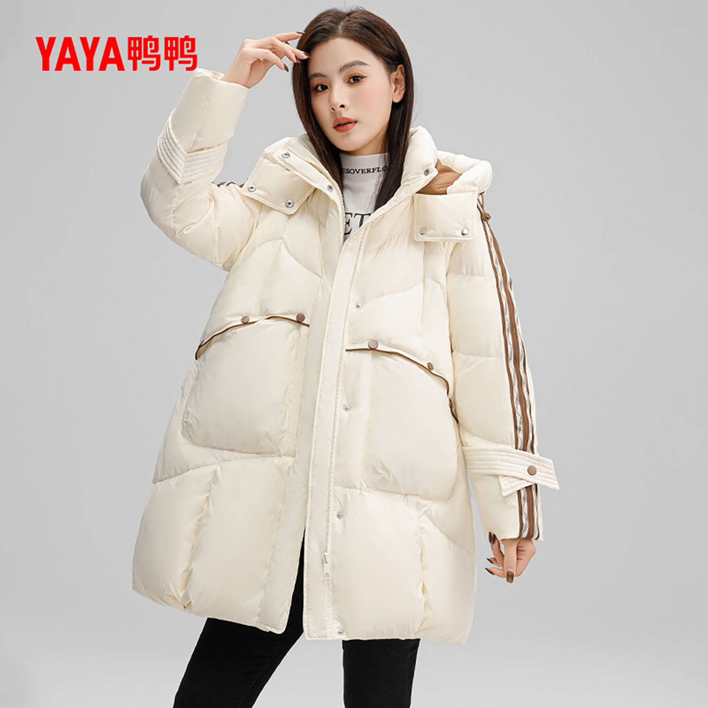 鸭鸭韩版时尚外套中长款羽绒服女