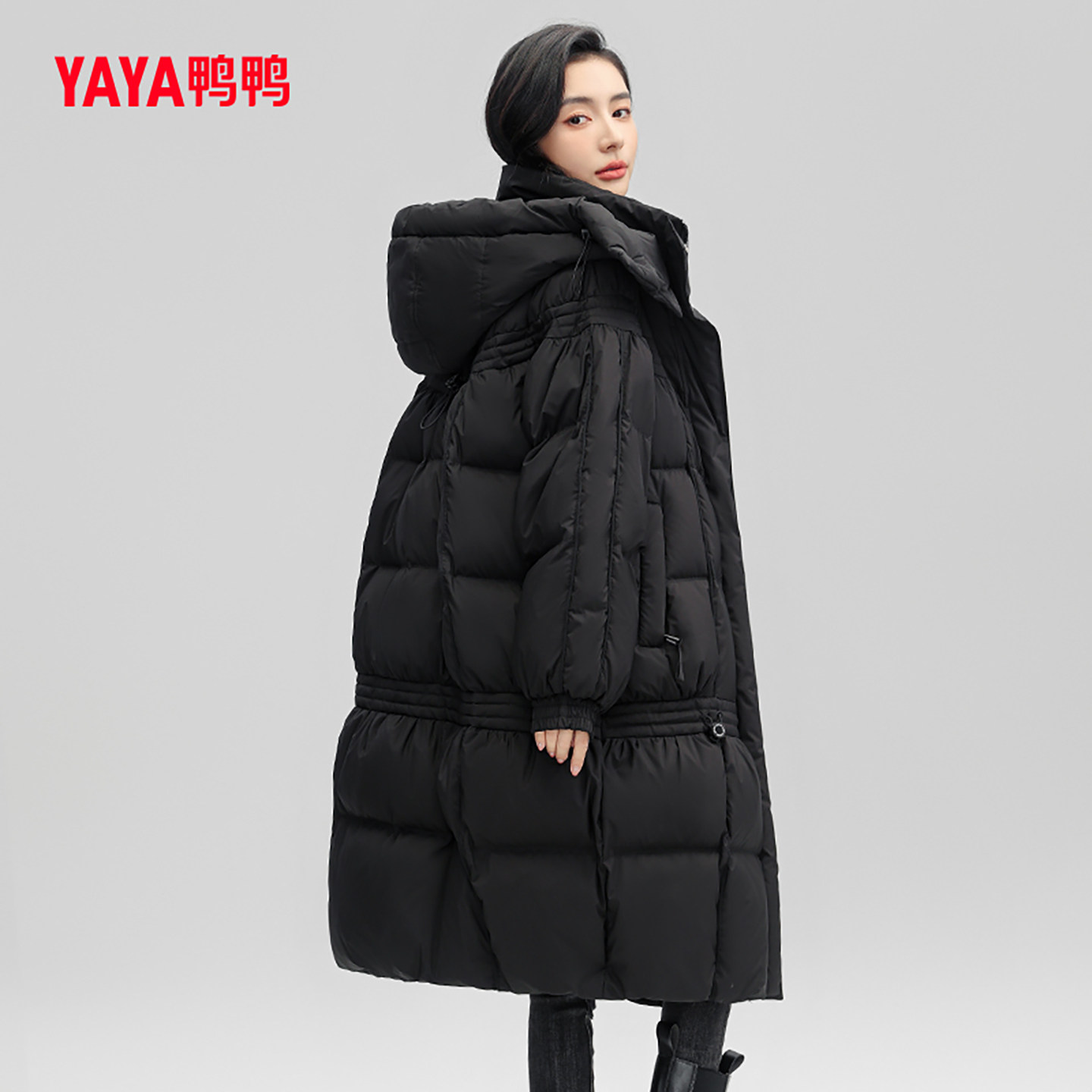 鸭鸭羽绒服女士2024秋冬新品中长款过膝连帽时尚休闲鸭绒保暖外套