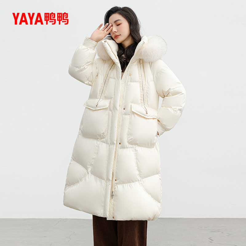 鸭鸭羽绒服女士2024秋冬新品过膝中长款连帽狐狸毛领加厚鸭绒外套