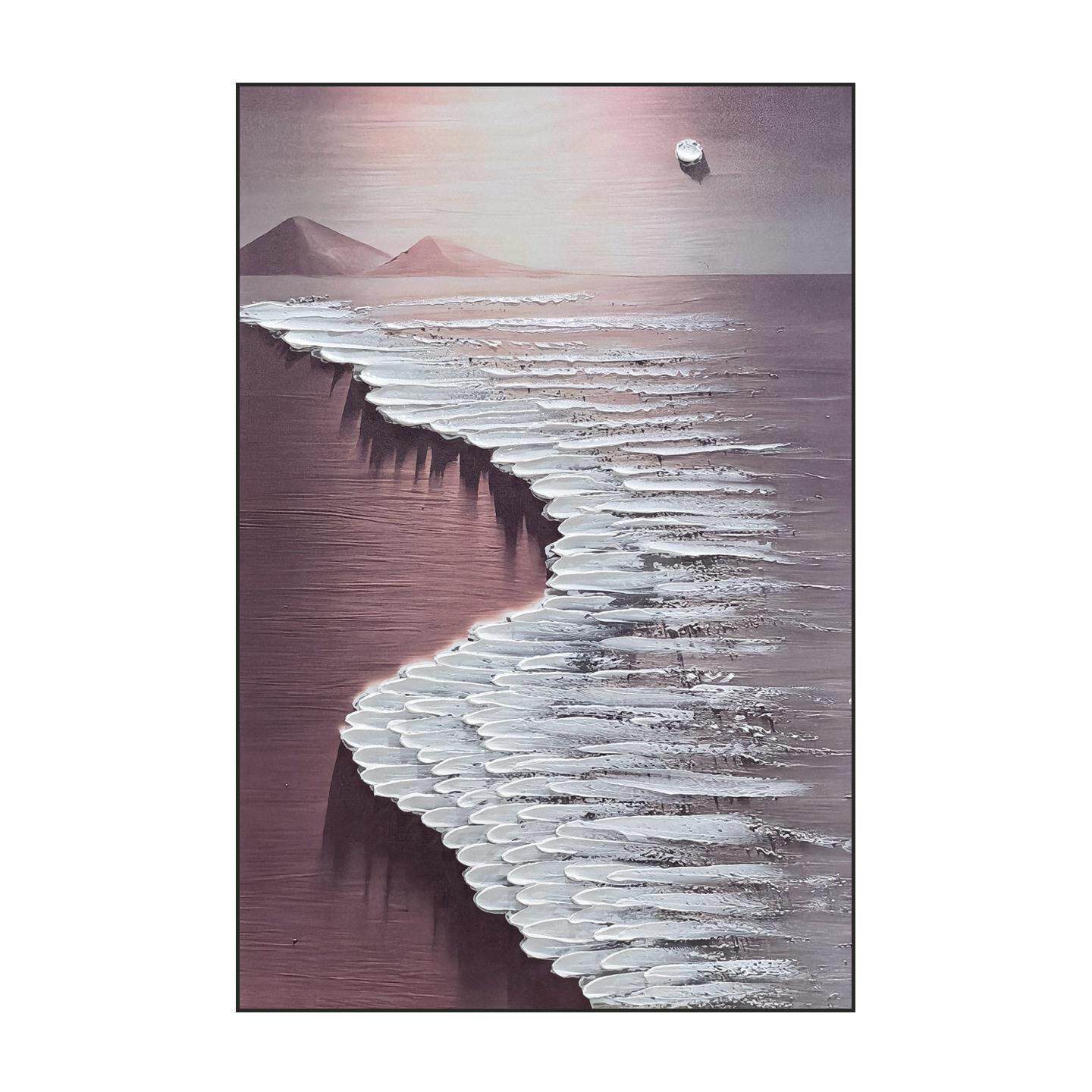 治愈厚肌理砂岩海边夕阳手绘挂画侘寂风玄关走廊竖版海景装饰画