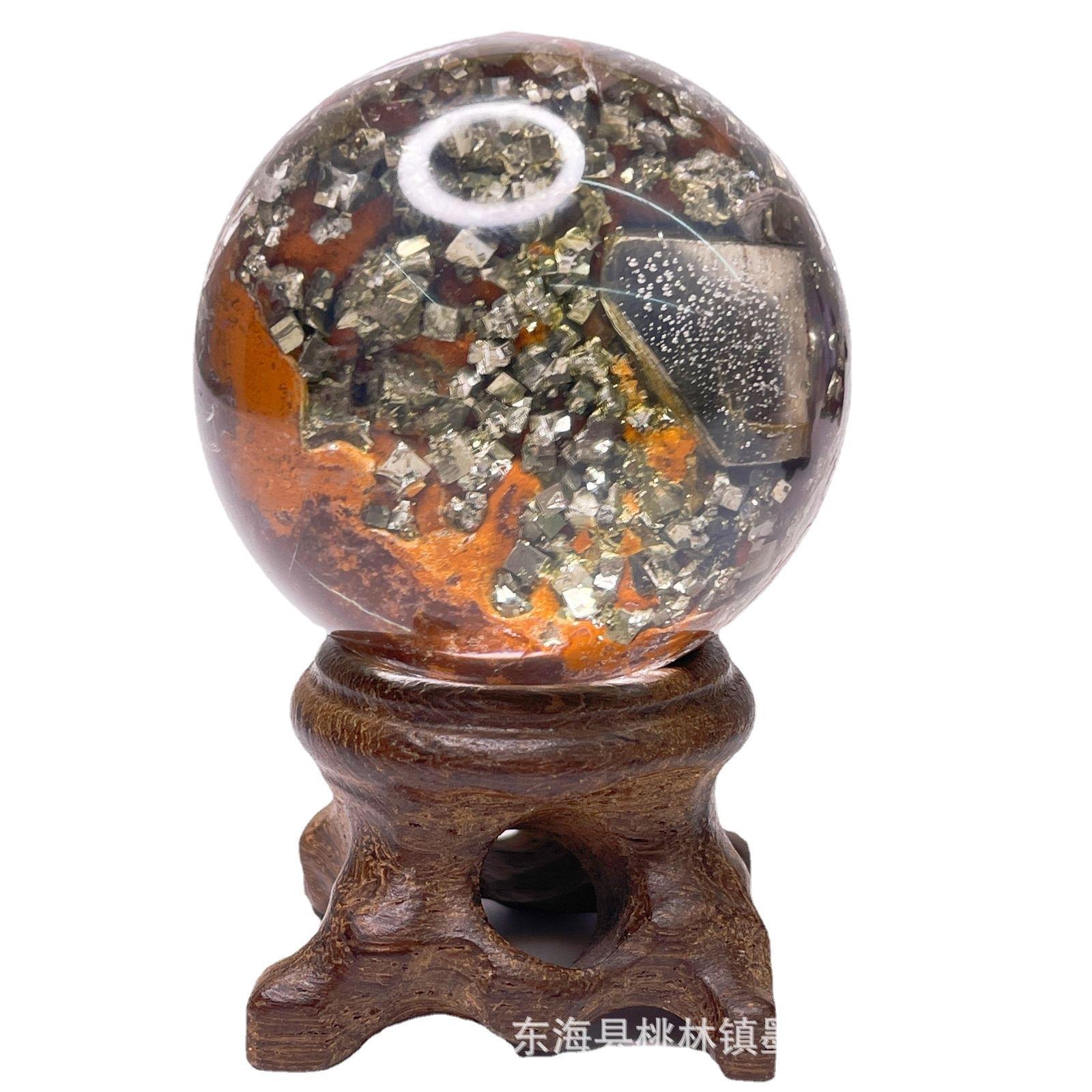 天然黄铜矿包裹幽灵水晶球收藏把玩水晶球送底座收藏品水晶石